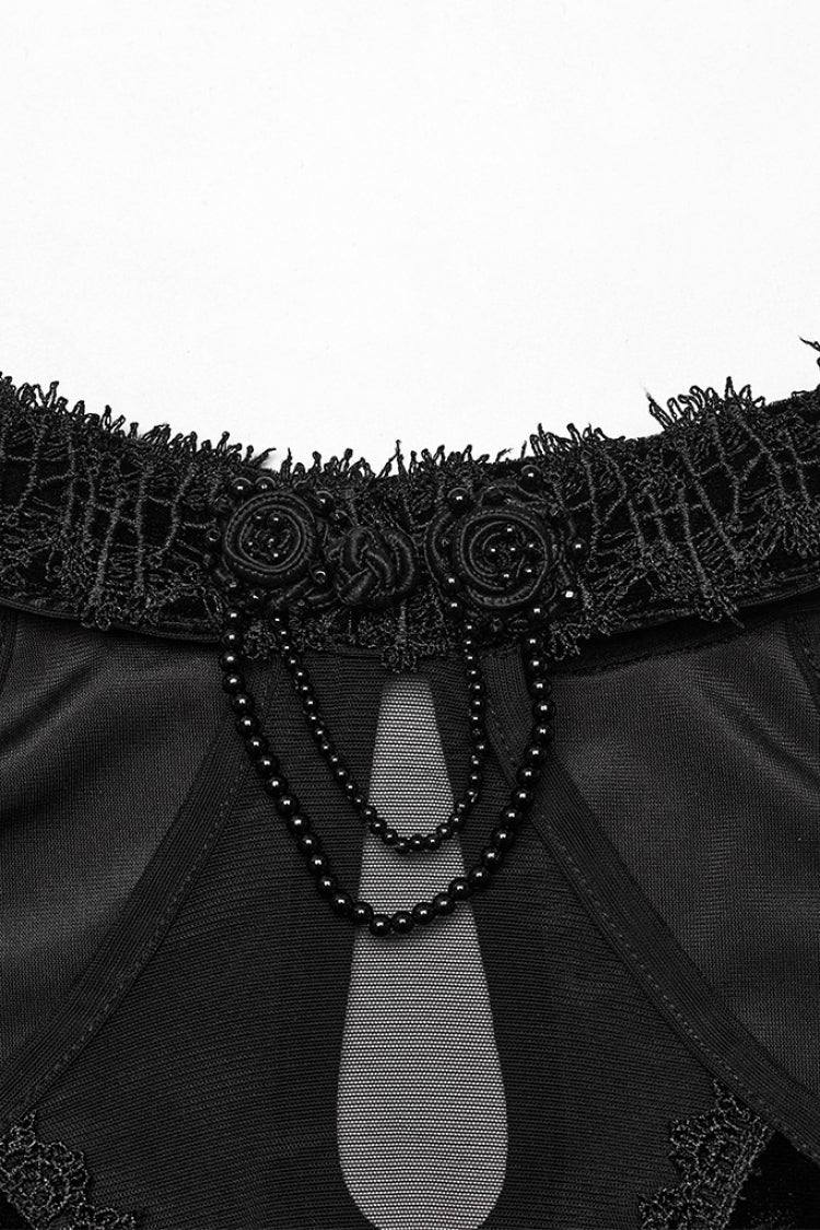 Gothic Mesh Dress with Off-Shoulder Hollow Stitching and V-Collar