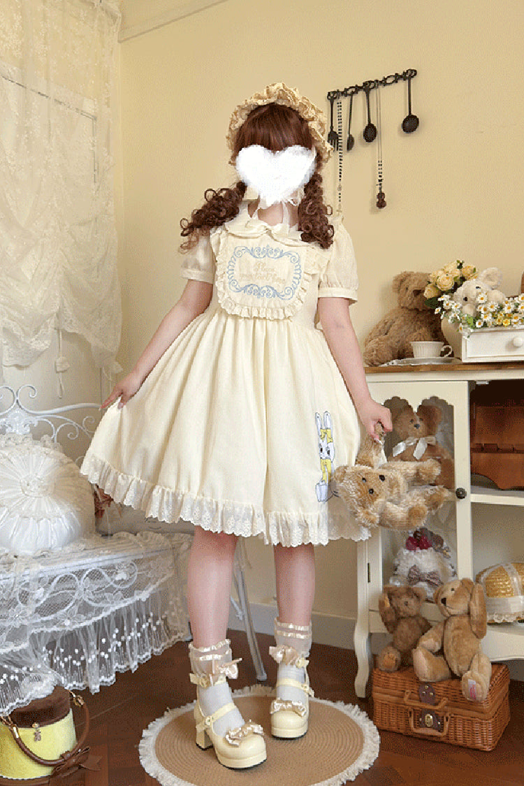 Sweet Dream Bunny Doll Collar Short Sleeves Ruffle Embroidery Bowknot Sweet Plus Size Lolita Dress
