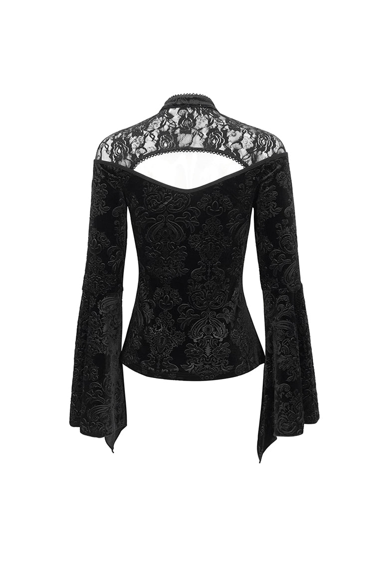 Gothic Shirt with Cutout Round Collar Flared Sleeves and Embossed Floral