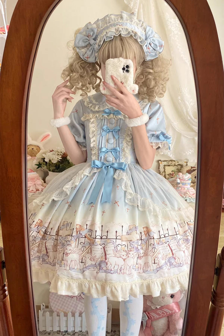 Lapel Collar Short Sleeve Printed Ruffled Bow Sweet Dress - Angel Lamb