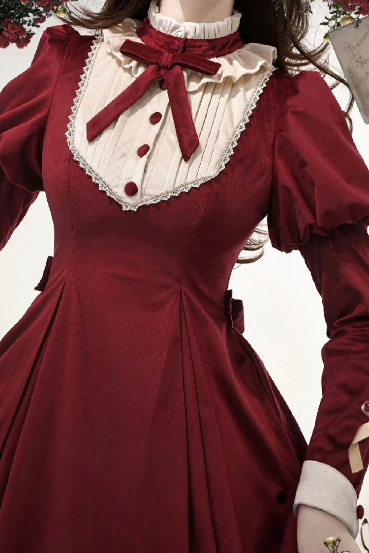 Burgundy High Collar Long Sleeve Ruffled Bow Classic Lolita Gown