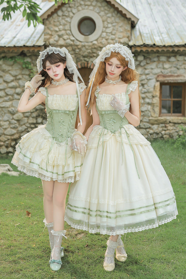 Emerald Square Neck Ruffled Lace Bow Accent Sweet Lolita JSK in Two Styles