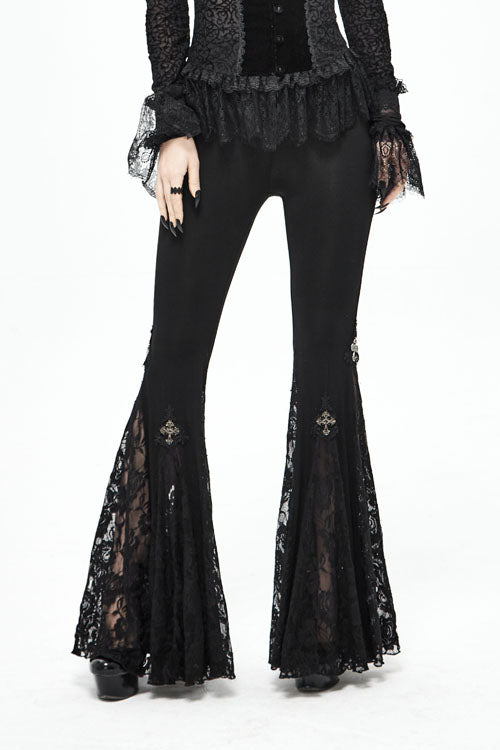 Women's Gothic Pants with Knit Lace Bell Bottoms and Cross Detail