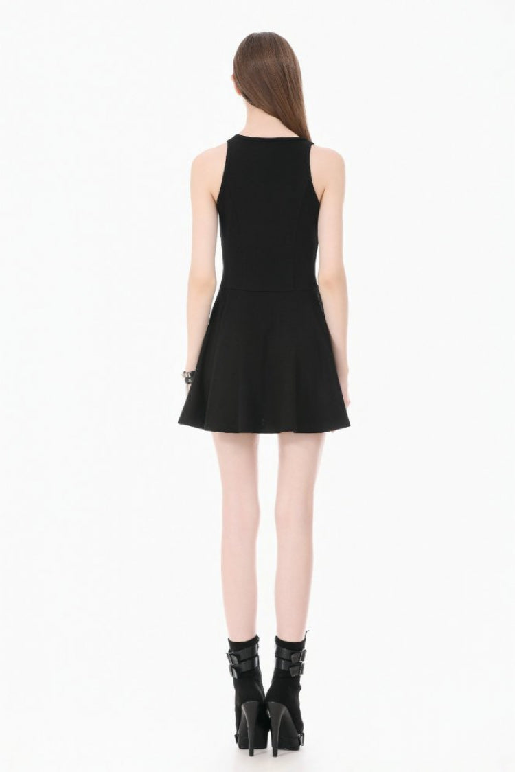 Women's Gothic Short Dress with Plunging Neck, Side Corset and Cross Lace-Up