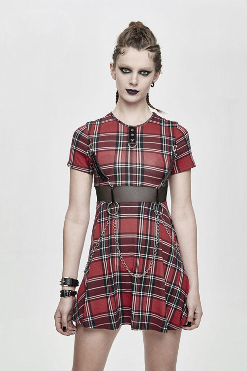 Crimson Stretchy Plaid Gothic Dress with Chain Details