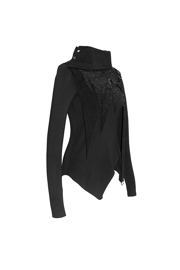 Women's Punk Tee with Cross Clasp and Asymmetric Hem - Noir