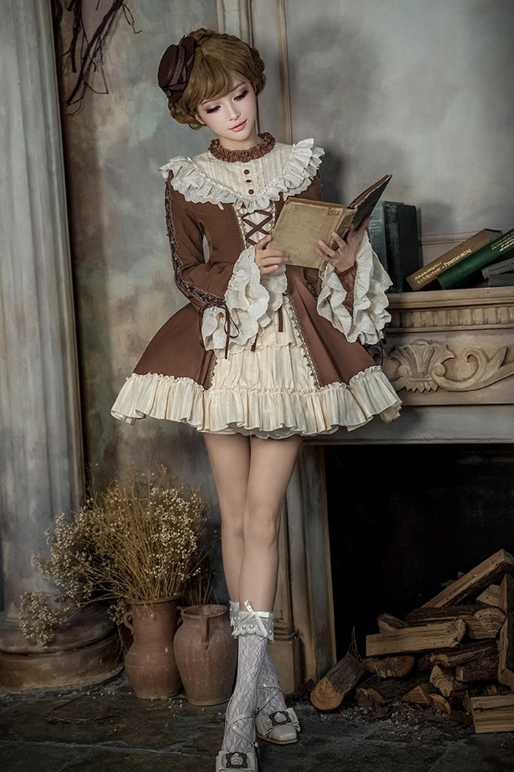 Sweet Lolita Dress Set with Trumpet Sleeves and Bowknot Lace-Up