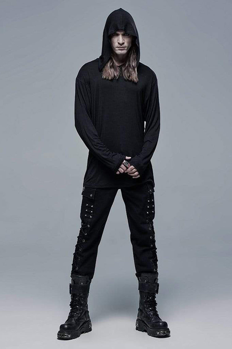 Men's Punk Two-Piece Tee with Mesh Outer & Hooded Inner in Black Knit