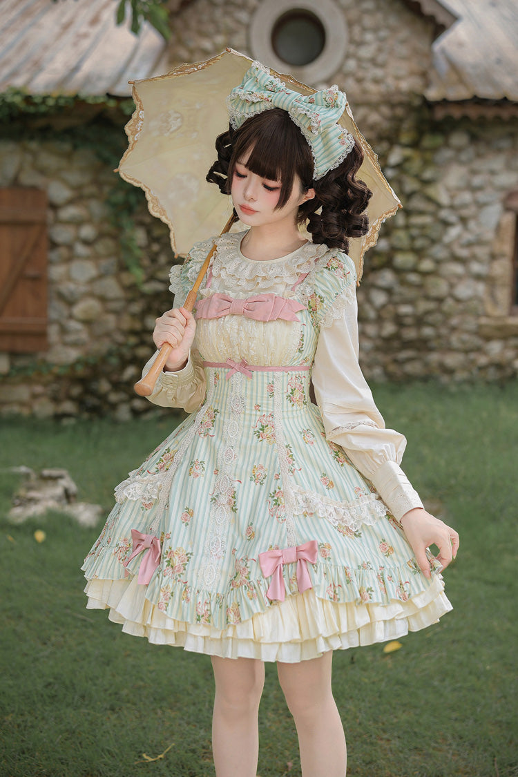 Emerald An Encounter with Austin Square Collar Short Sleeve Multi Rose Printed Ruffled Bow Lace Sweet Lolita Gown
