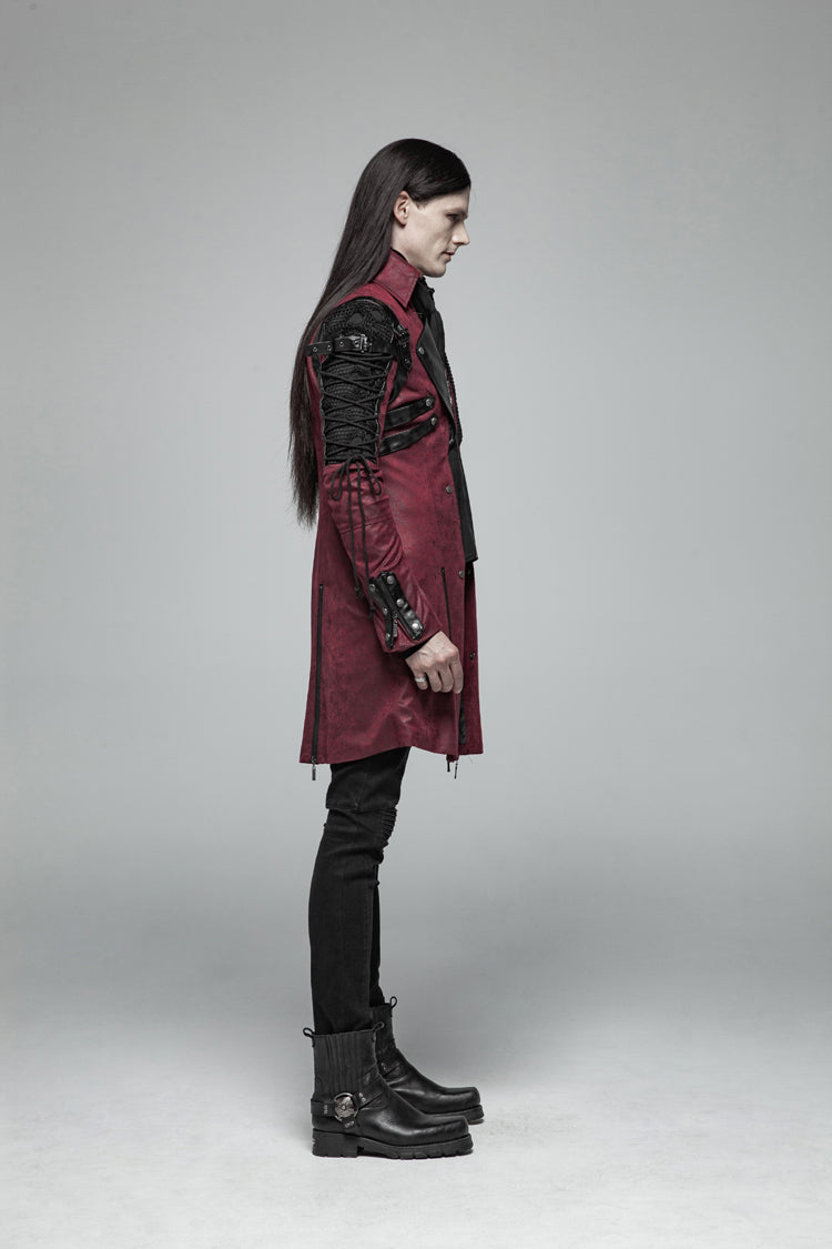 Crimson Steampunk Windbreaker with Metal Buckles and Zipper