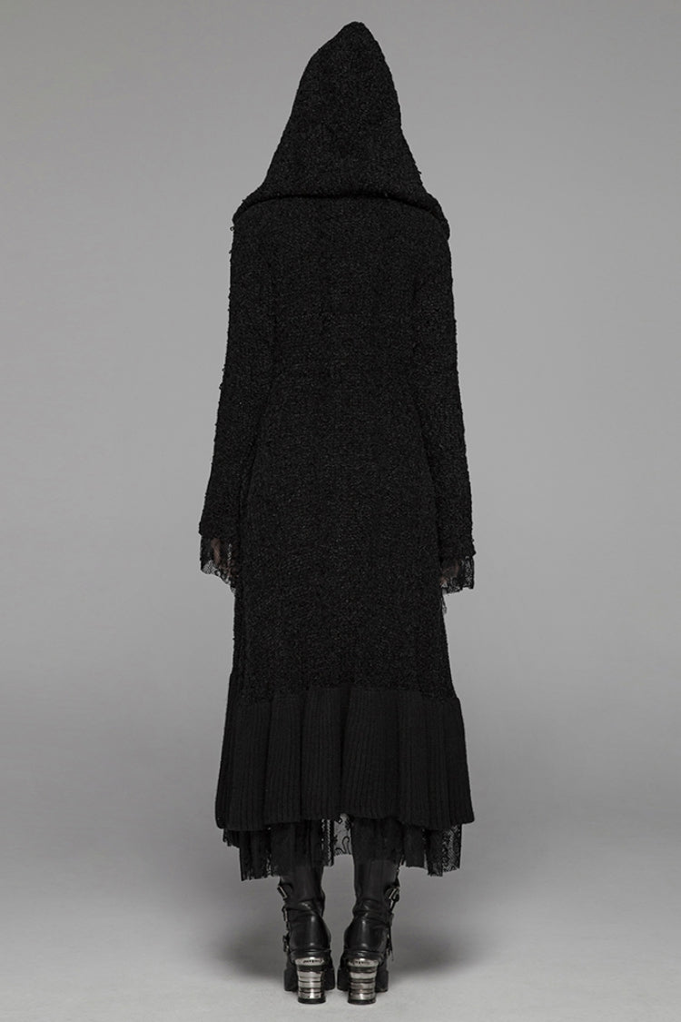 Layered Lace Gothic Long Coat with Hood, Women's Multi-Tier Design