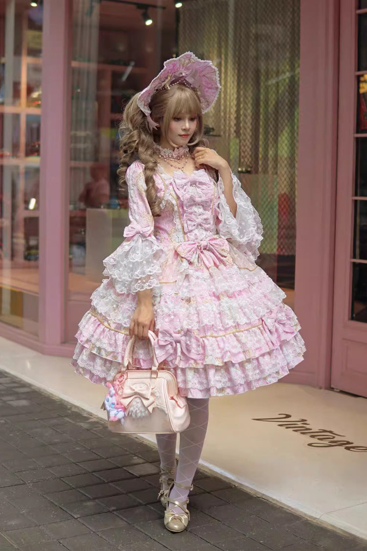 Candlelight Elegance Long Trumpet Sleeve Multi-Layer Ruffle Bow Lace Elegant Lolita Dress