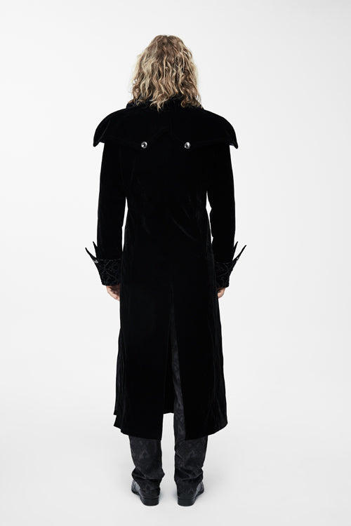 Black Patterned Shawl Collar Men's Velveteen Long Coat Gothic Western