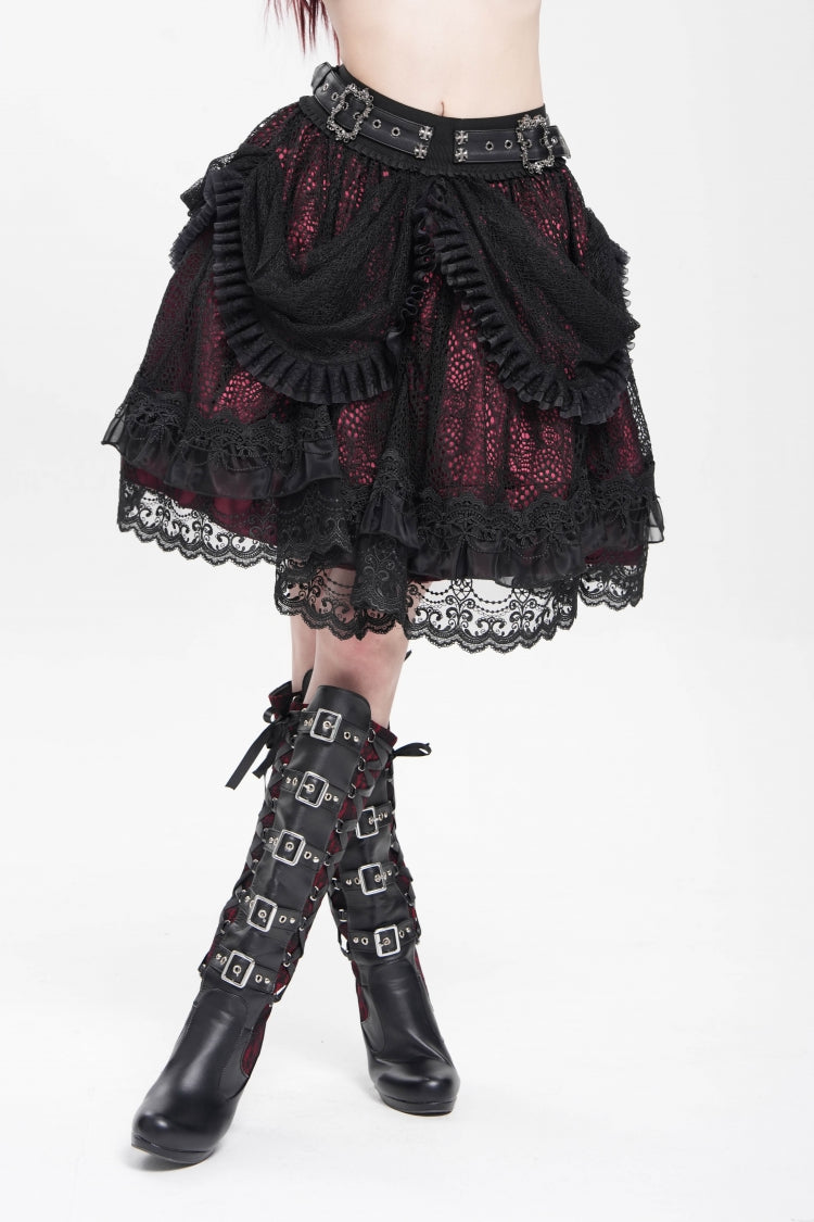 Crimson & Noir Multi-Layer Ruffled Buckle Strap Gothic Skirt