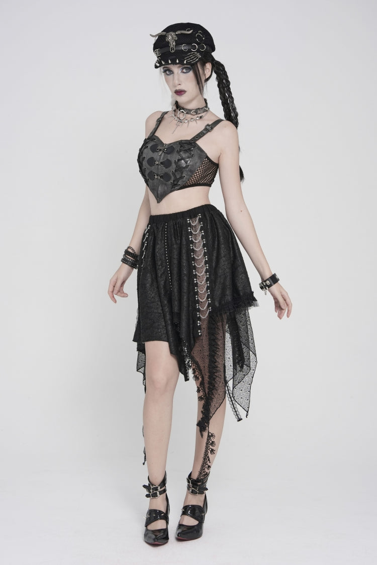 Punk Streamer Skirt with Irregular Hem and Chain Accents