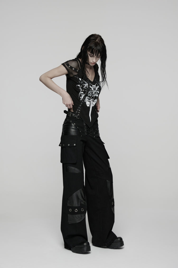Punk Pants with Buckles and Big Pockets in Black Lace Design