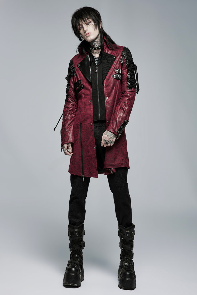 Crimson Steampunk Windbreaker with Metal Buckles and Zipper