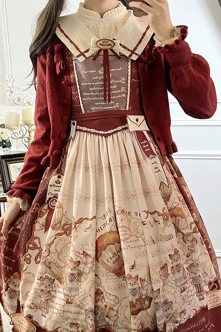 Burgundy Fox Band Print Square Collar Bow Classic Lolita Jumper Dress