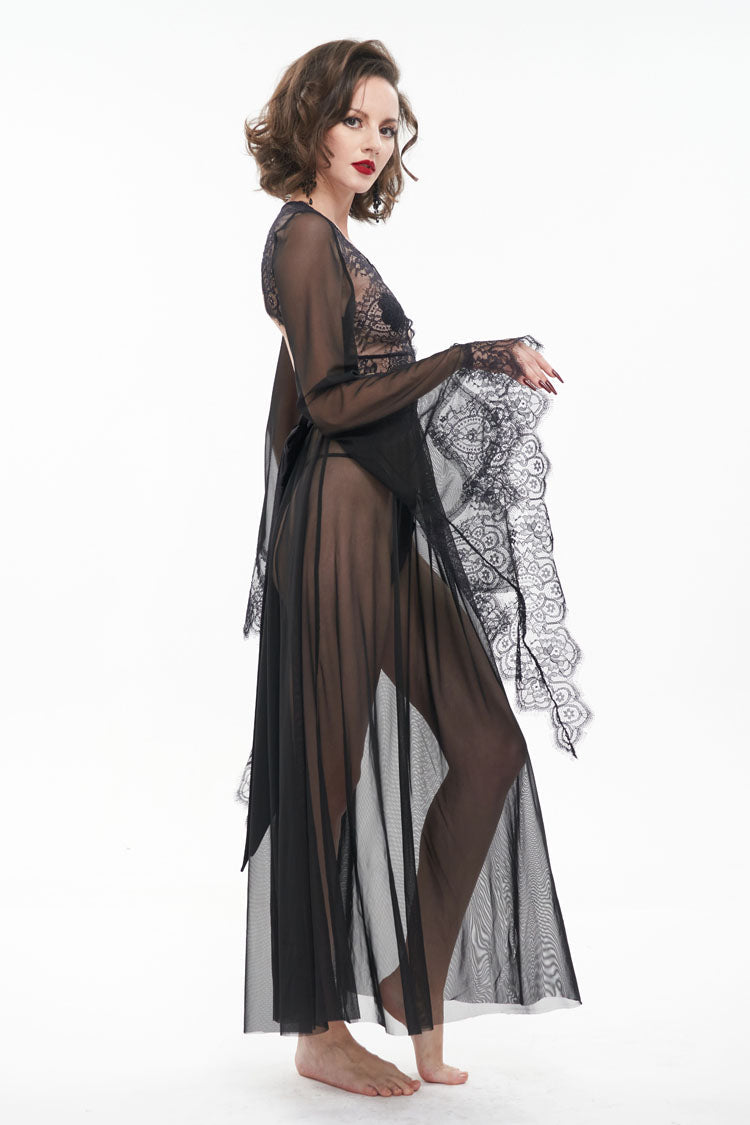 Sheer Backless Lace Bell-Sleeve Goth Gown