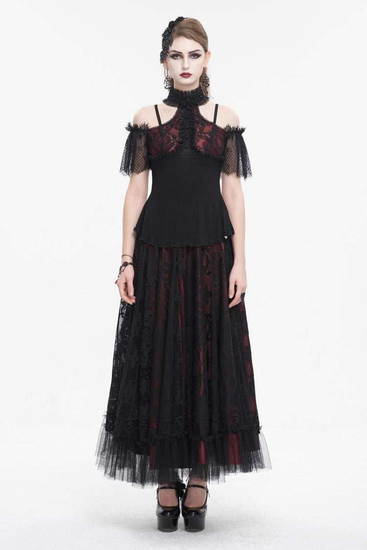 Crimson & Noir Off-Shoulder Lace Round Collar Panel Gothic Shirt