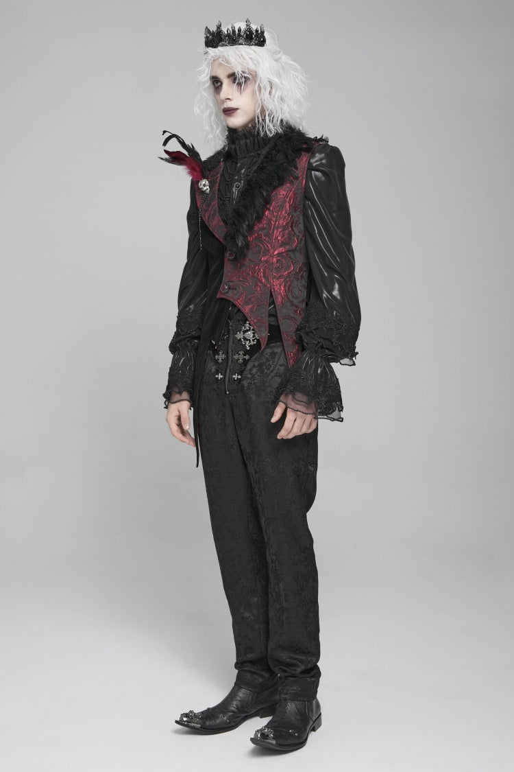 Men's Gothic Vest with Rose Print and Contrast Color, Detachable Feather Accessory