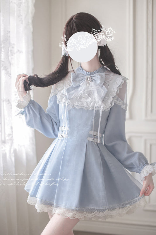 Angel Heartbeat Bowknot Lace Sweet Jirai Kei Japanese Dress with Long Sleeves