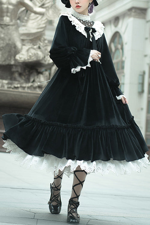Elegant Velvet Collar Long-Sleeve OP Dress in Black