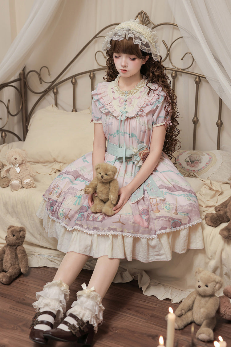 Rose Bear Print Bow Sweet Lolita Dress Set with Ruffled Short Sleeves
