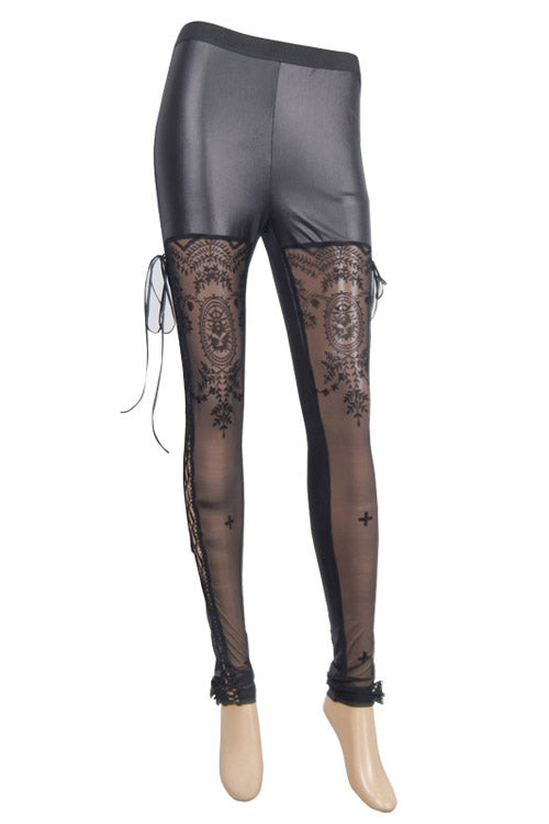 Lace-Up Floral Mesh Leggings with Side Cutouts