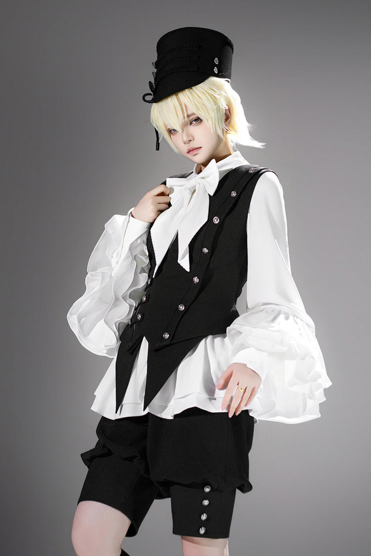 Lapel Collar Ruffled Bow Classic Prince Ouji Set - Ash