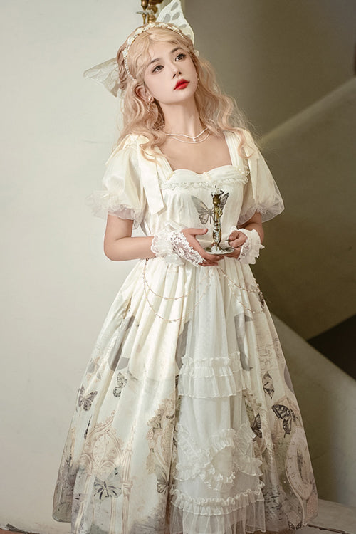 Vintage Butterfly Print High-Waisted Lolita Dress with Square Collar