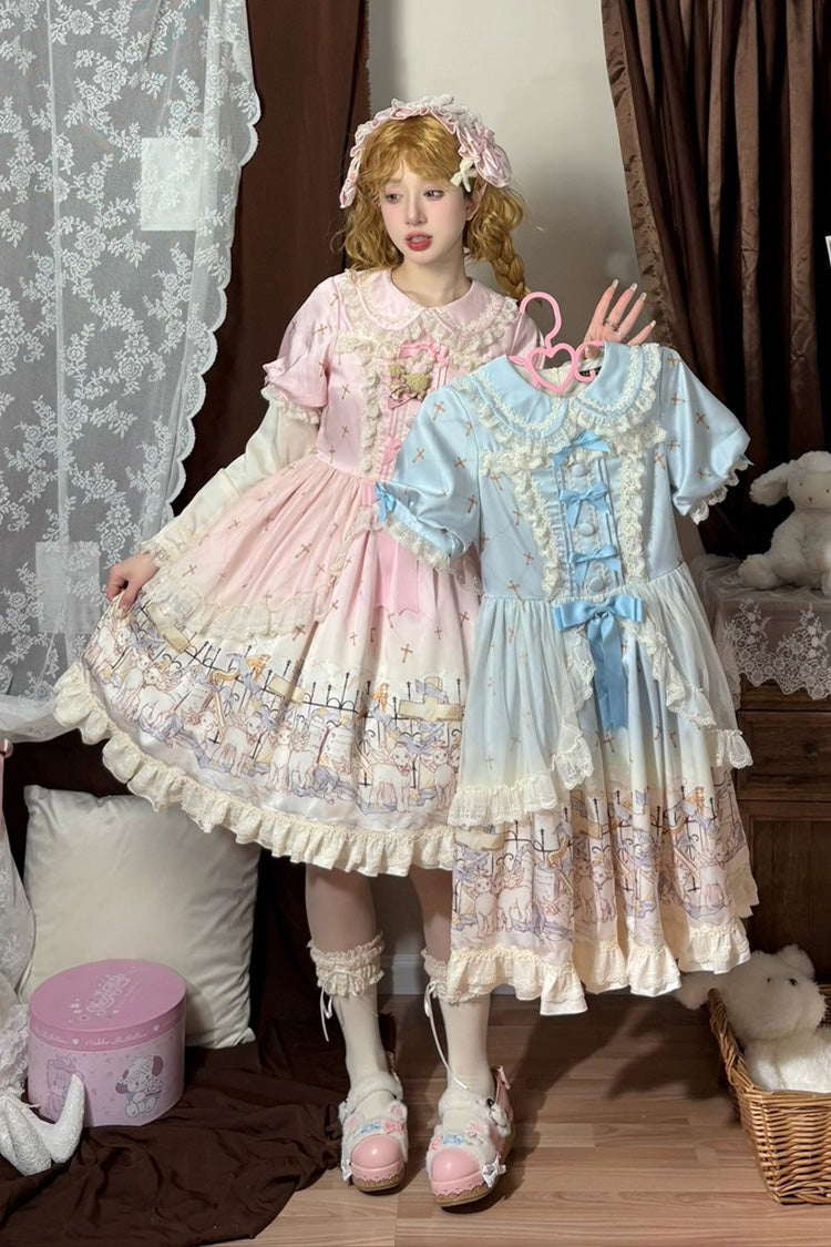 Angel Lamb Lapel Collar Short Sleeves Printed Ruffled Bow, Sweet Lolita Dress
