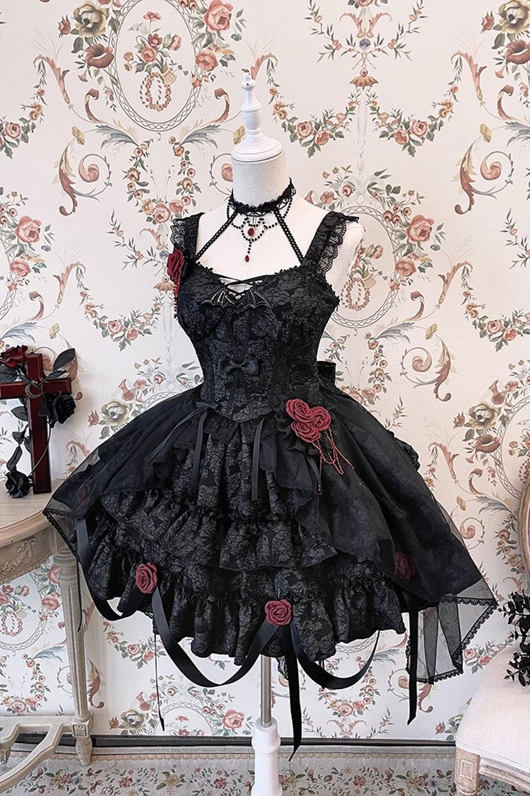 Crying Rose Double-Layer Ruffled Embroidered Bow Lace Gothic Ballet Lolita Skirt Set in 4 Shades