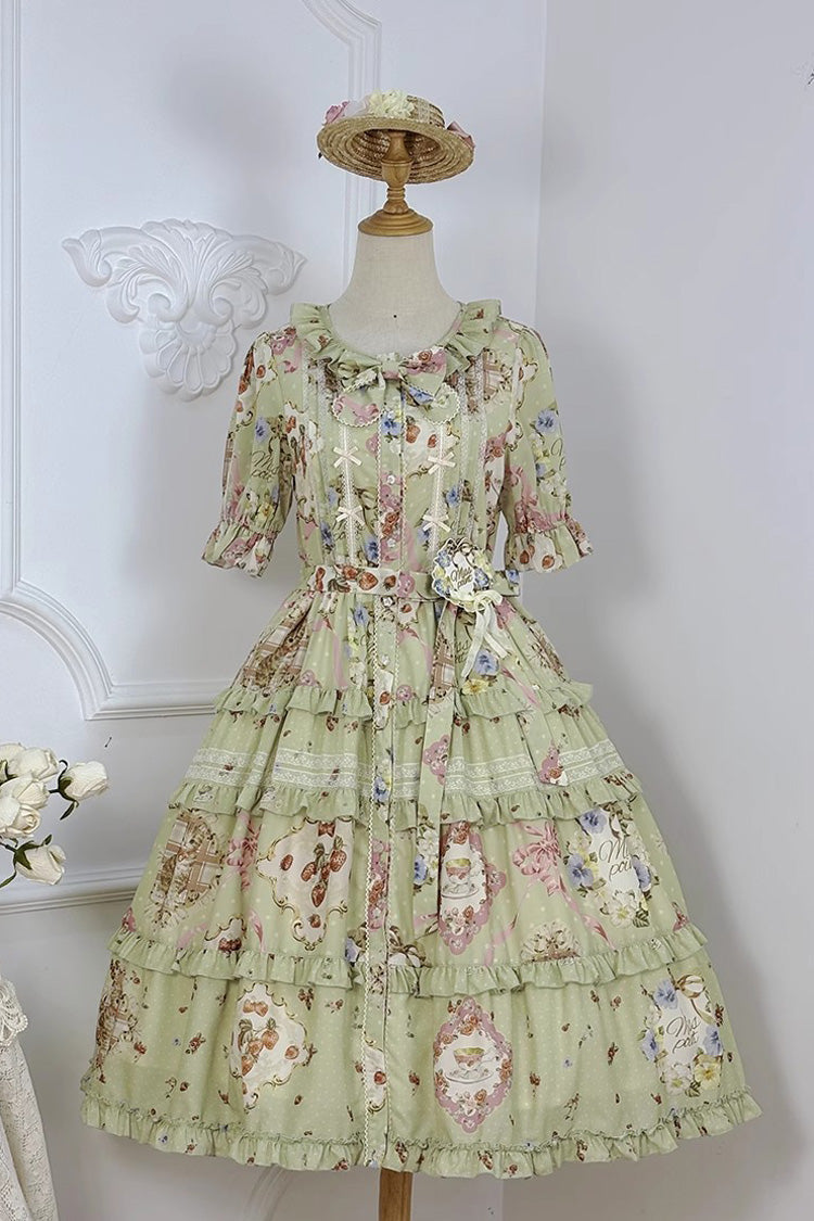 Emerald Cat Rose Tea Short Sleeve Printed Ruffle Cardigan Bow Daily Lolita Gown
