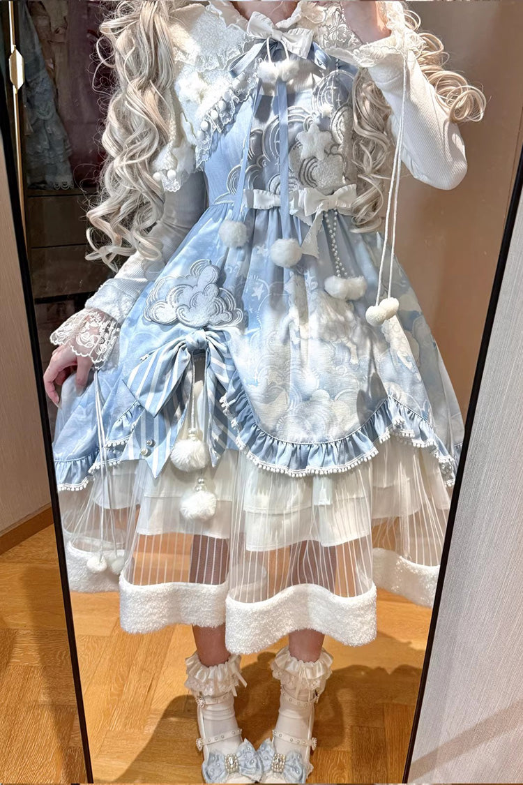 Asymmetric Embroidered Bow Lace Elegant Cut-Out JSK Ensemble - Cloud Dreamland