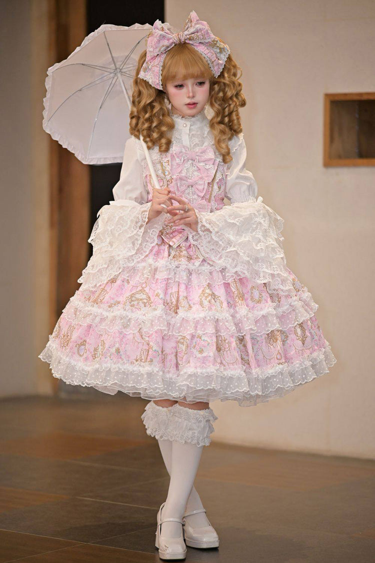 Candelabrum Elegy Sleeveless Triple-Layer Flower Print Ruffle Bow Lace Lolita JSK