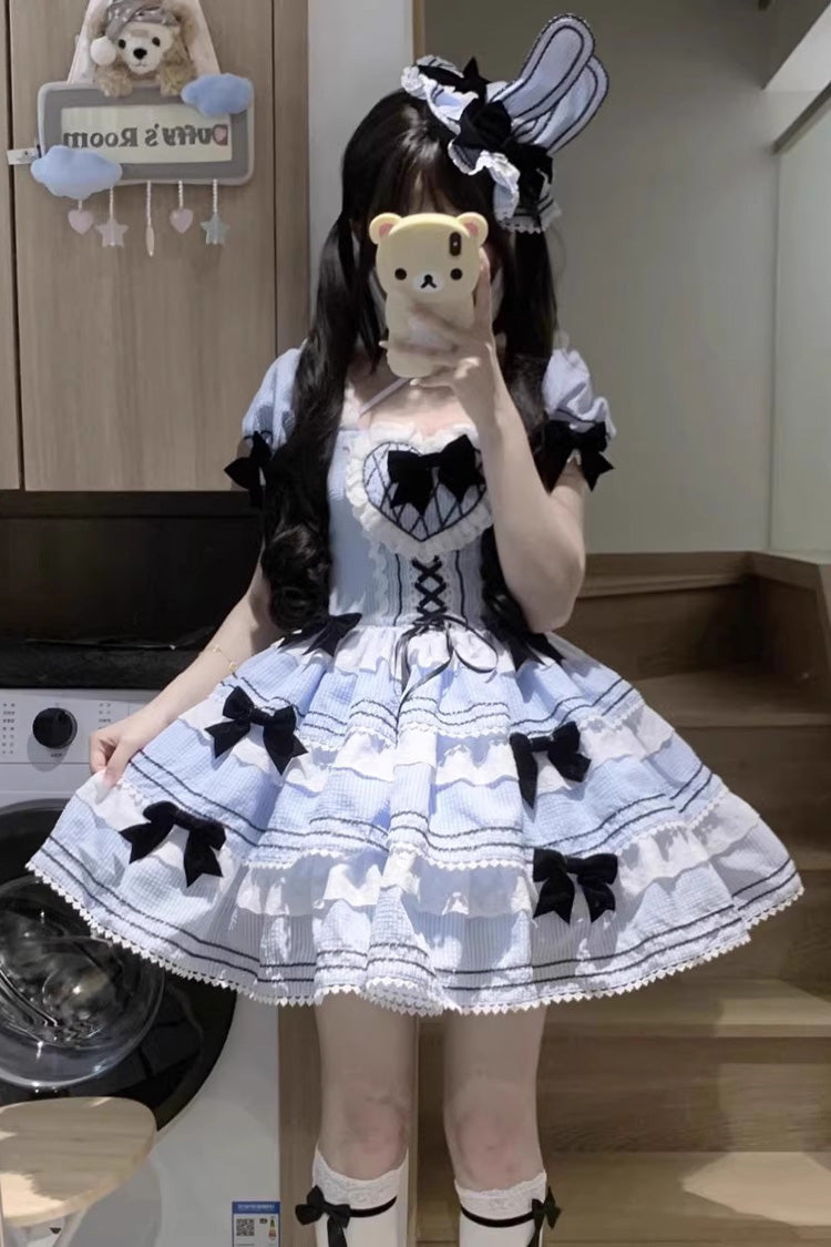 Sweet Lolita JSK with Striped Ruffle Bowknot and Lace-Up Front