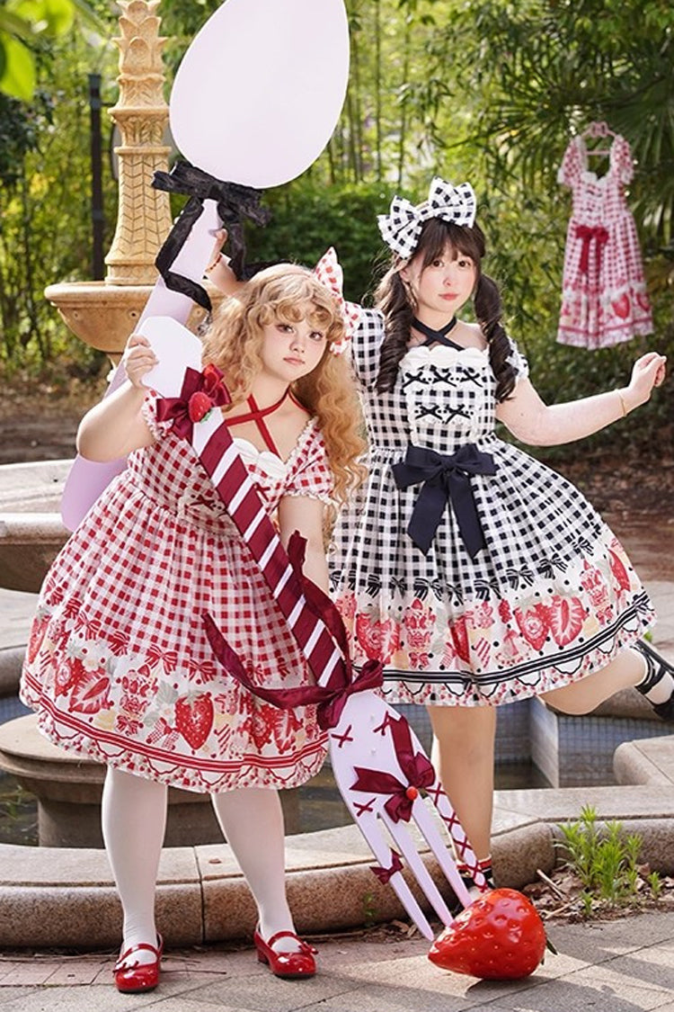 Strawberry-Plaid Sweet Lolita Dress with Bow Accents