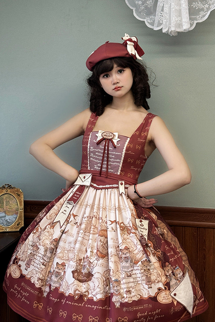 Burgundy Fox Band Print Square Collar Bow Classic Lolita Jumper Dress