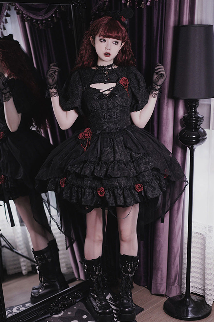 Crying Rose Double-Layer Ruffled Embroidered Bow Lace Gothic Ballet Lolita Skirt Set in 4 Shades