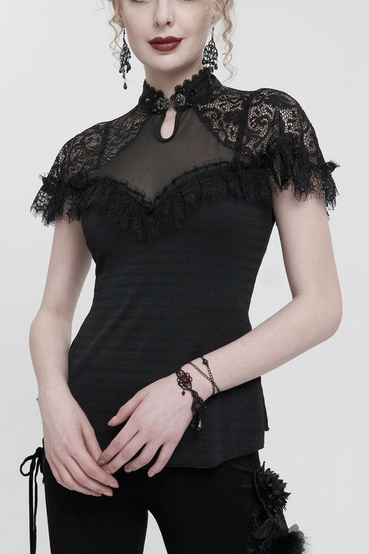 Women's Gothic Cheongsam-Style Slim T-Shirt with V-Neck and Raglan Mesh Sleeves