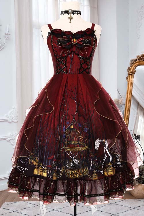 Burgundy Sheer Gothic JSK with Forest Print