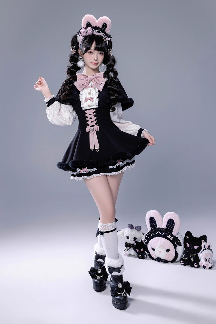 Jirai Kei Long-Sleeve Lace-Up Set with Ruffle Bow and Plush Shorts, Japanese Style