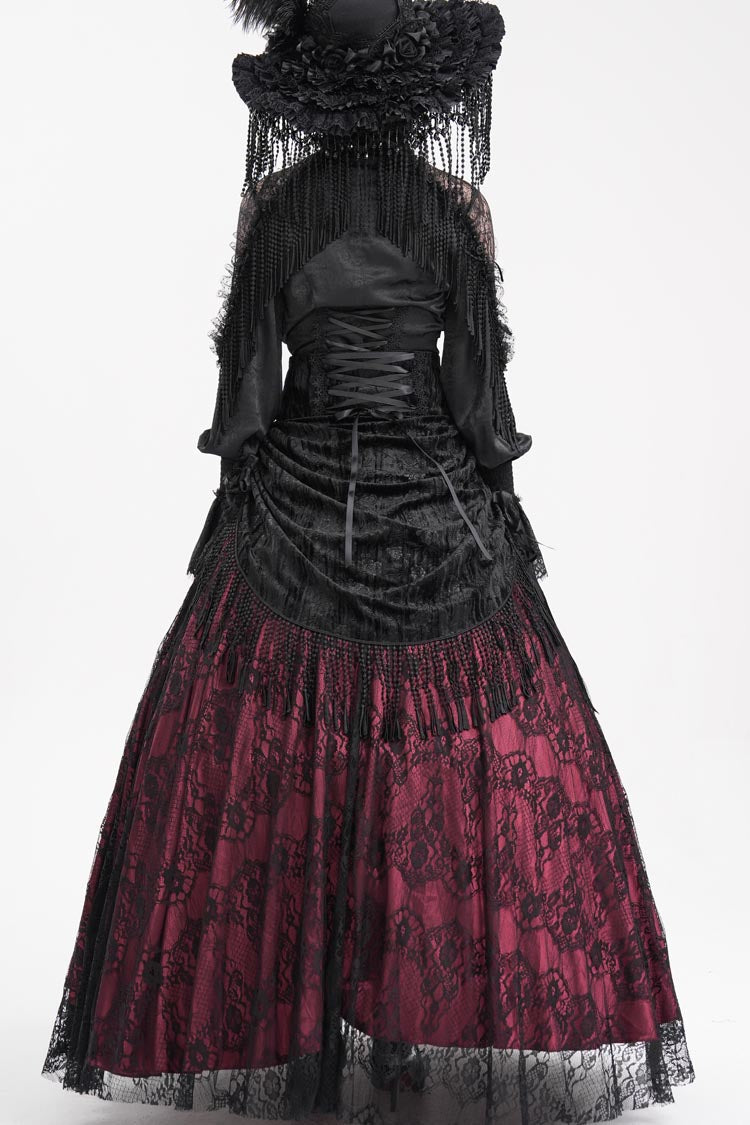 Burgundy Print Embroidery Tassel Buckle Lace-Up Gothic Long Skirt