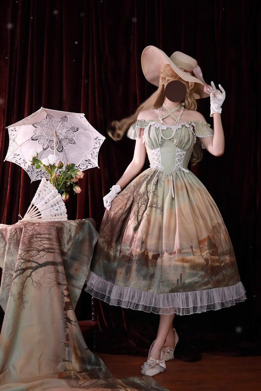 Elegant Princess Lolita JSK Dress with Off-Shoulder Ruffled Lace