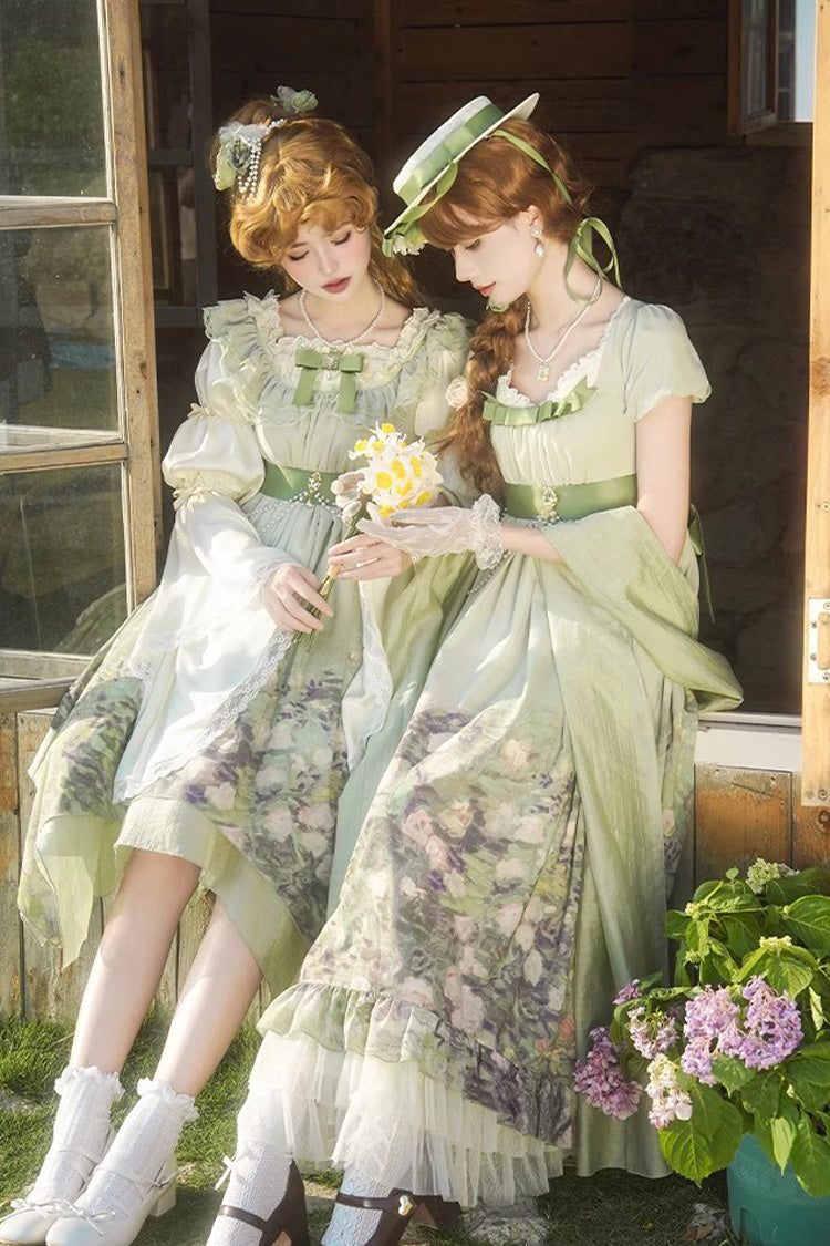 Emerald Blooming Roses Oil Painting Chiffon Short Sleeve Ruffle Bow Sweet Lolita Gown