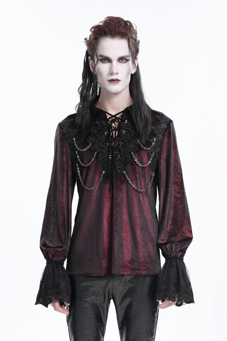 Burgundy V-Neck Long Sleeve Lace-Up Chain Gothic Men's Blouse