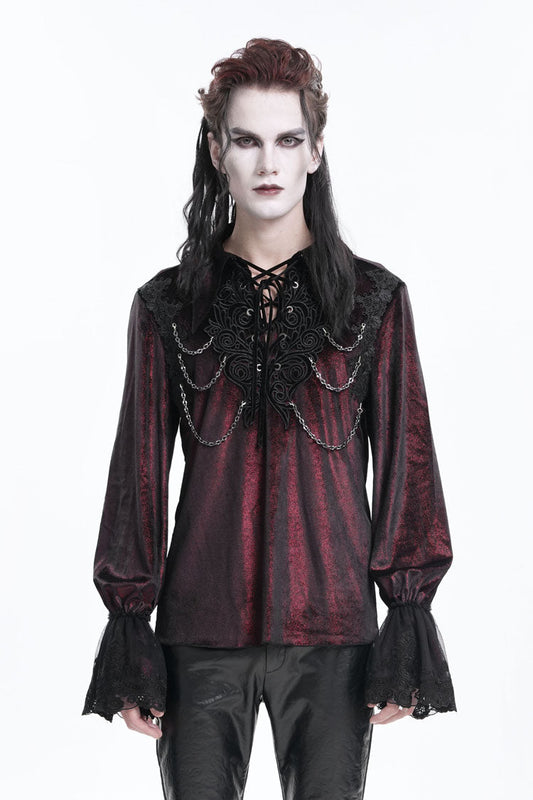 Burgundy V-Neck Long Sleeve Lace-Up Chain Gothic Men's Blouse