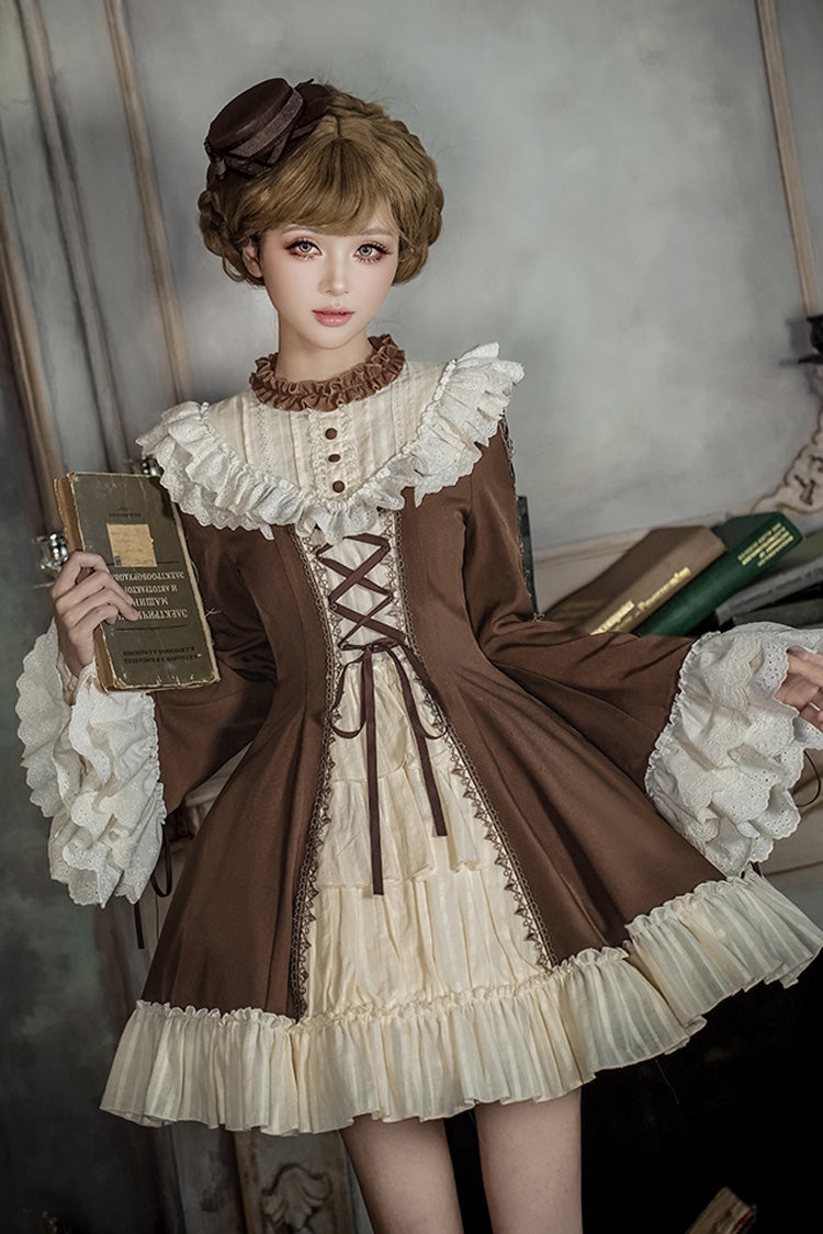 Sweet Lolita Dress Set with Trumpet Sleeves and Bowknot Lace-Up