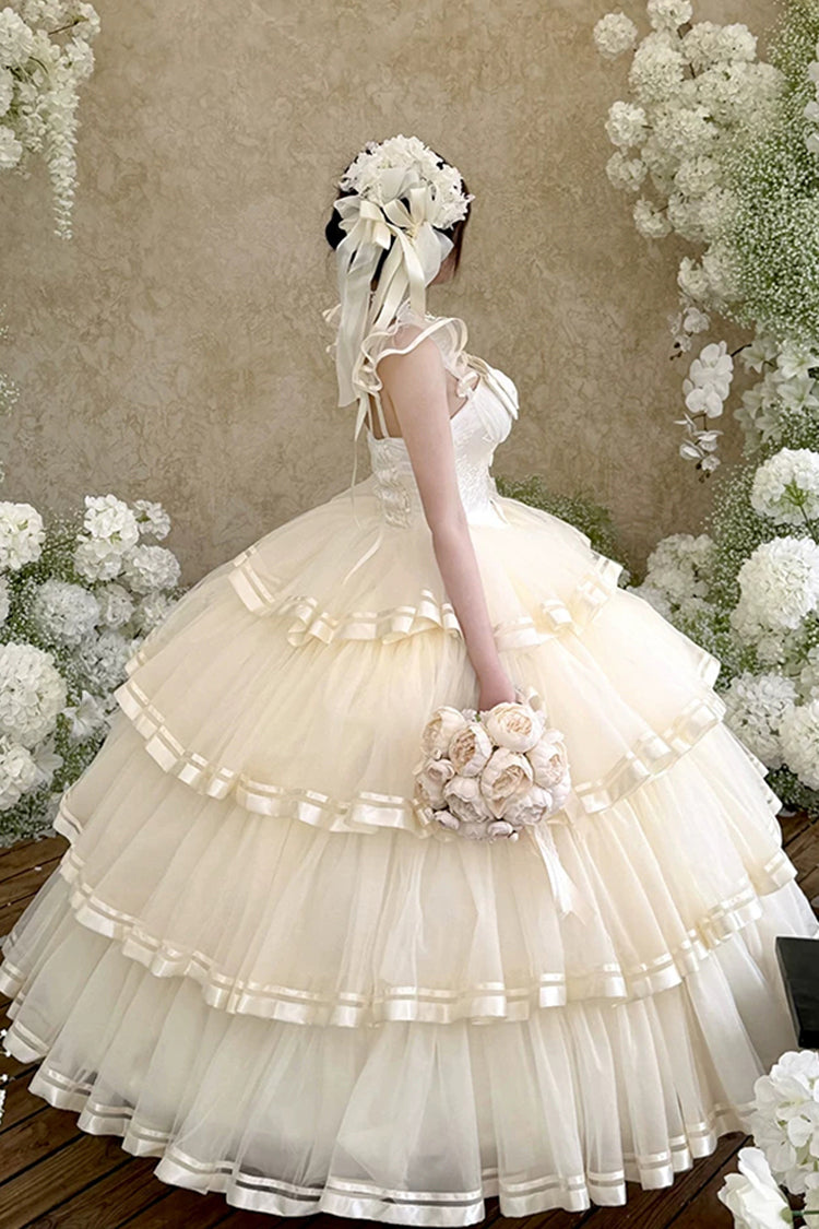 Sweet Organza Satin Sleeveless Multi-Layered Ruffled Hanayome Bow Lace Sweet Elegant Princess Lolita Jsk Dress